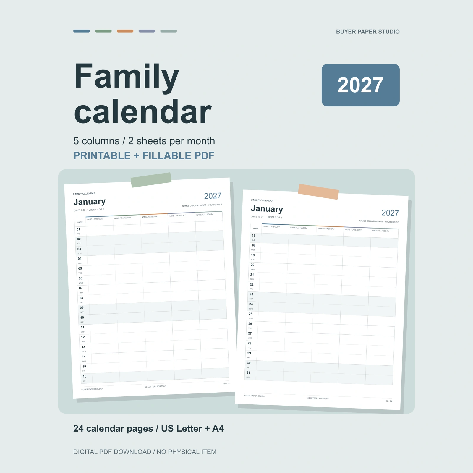 2027 Family Calendar shown as two actual January sheets on a blue and sage planning board. Five blank columns, two sheets per month, printable and fillable PDF. US Letter and A4 included.