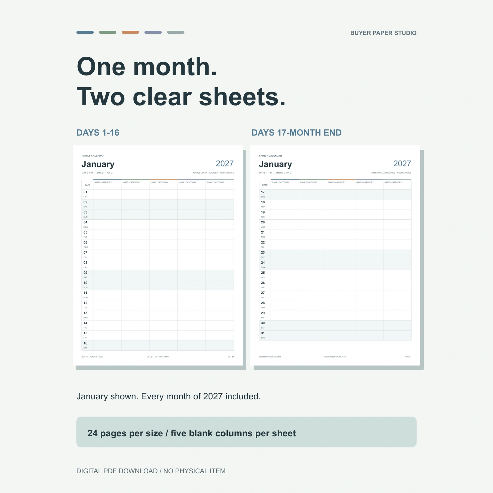 Actual January 2027 calendar sheets side by side: days 1-16 and days 17-31, with five blank name or category columns. Each paper-size calendar has 24 pages.