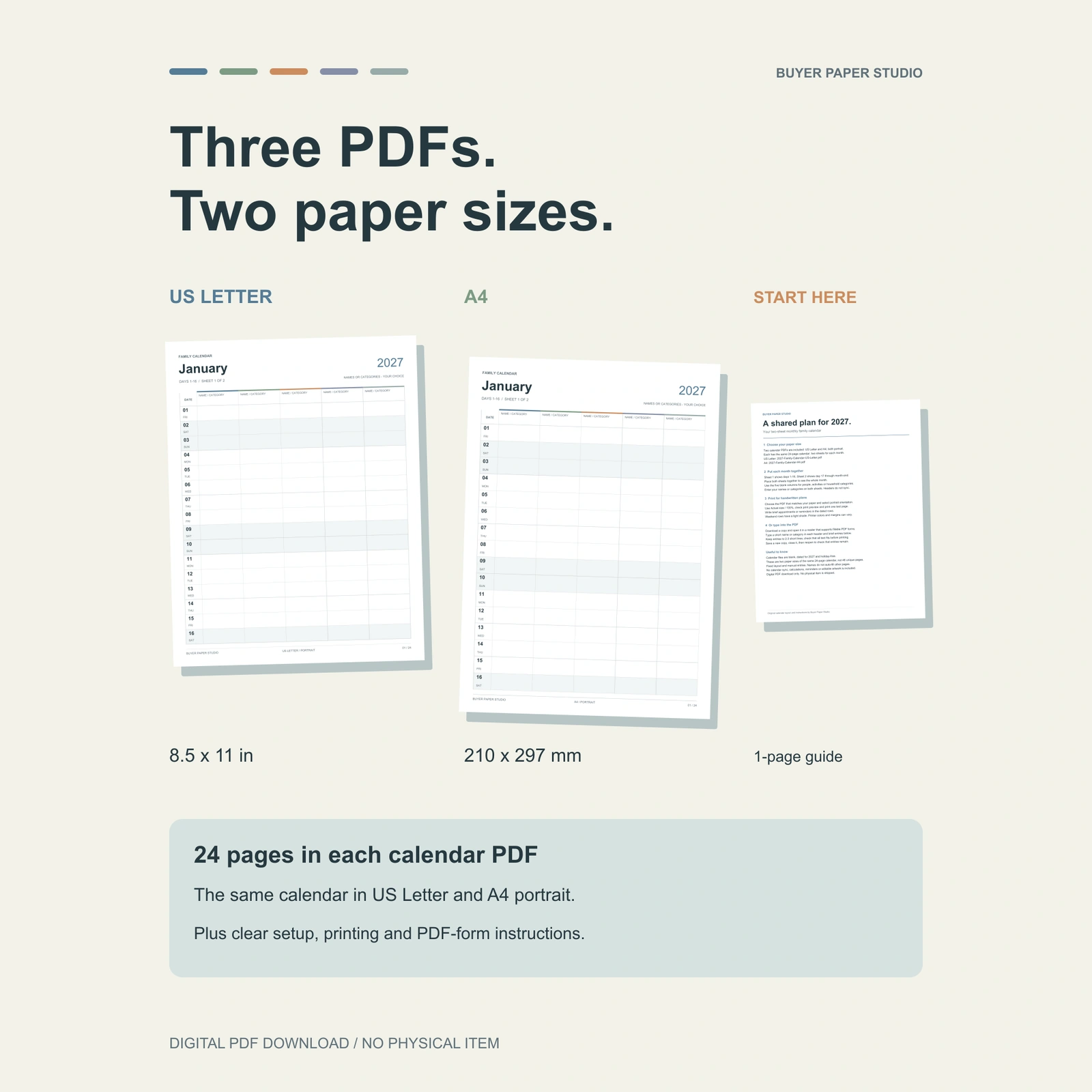 Three included PDF files: a 24-page US Letter portrait calendar, the same 24-page calendar in A4 portrait, and a one-page Start Here guide. Actual pages are pictured.