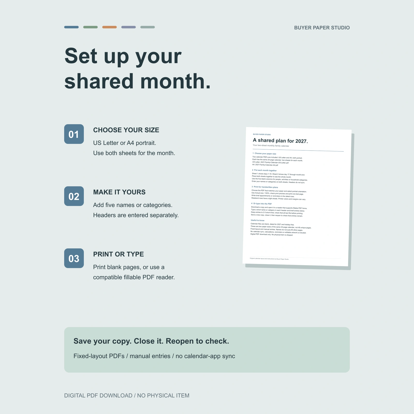 Simple setup instructions beside the actual Start Here guide: choose a paper size, enter five names or categories, then print or type in a compatible PDF form reader. Save and reopen to check entries.