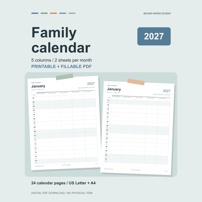 2027 Family Calendar shown as two actual January sheets on a blue and sage planning board. Five blank columns, two sheets per month, printable and fillable PDF. US Letter and A4 included.