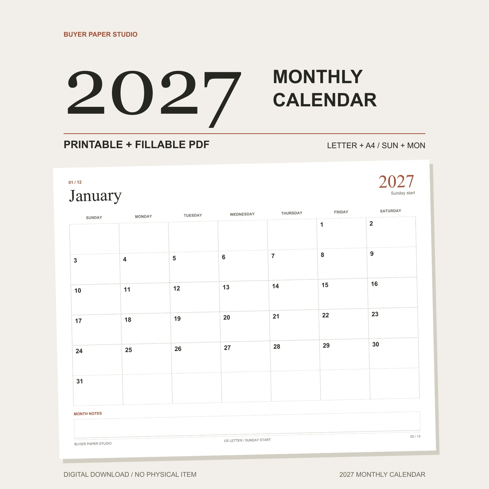2027 Monthly Calendar with a large year headline and the actual January page. Printable and fillable PDF; US Letter and A4, Sunday and Monday starts. Digital download.