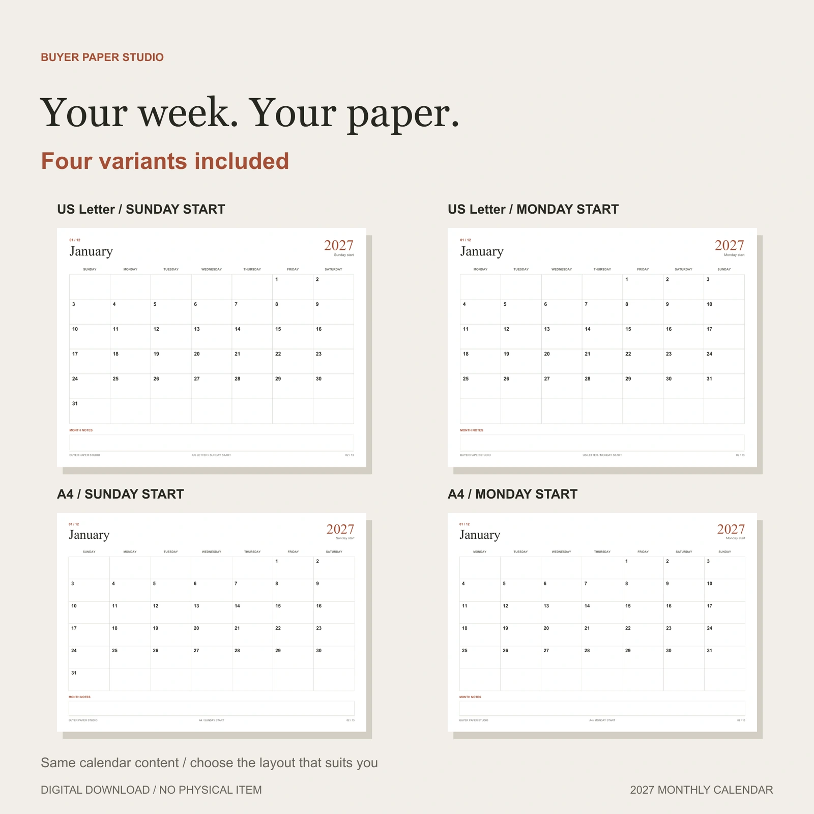 Actual January pages for all four variants: US Letter Sunday, US Letter Monday, A4 Sunday and A4 Monday starts. The same calendar content in four layouts.