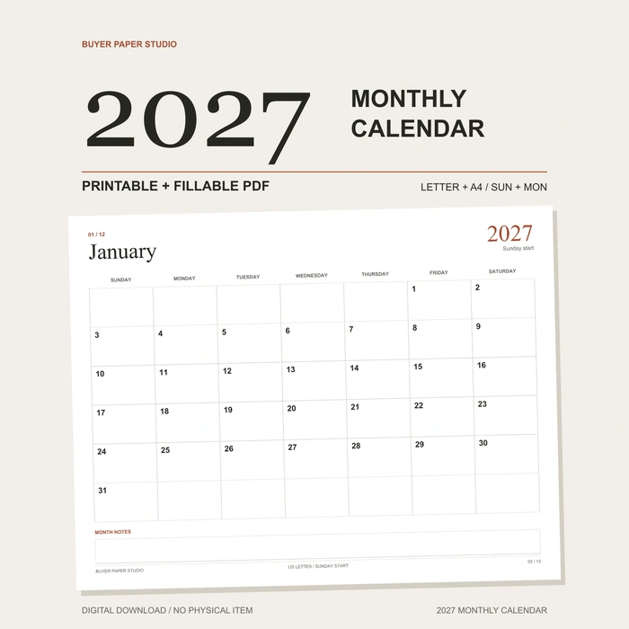 2027 Monthly Calendar with a large year headline and the actual January page. Printable and fillable PDF; US Letter and A4, Sunday and Monday starts. Digital download.