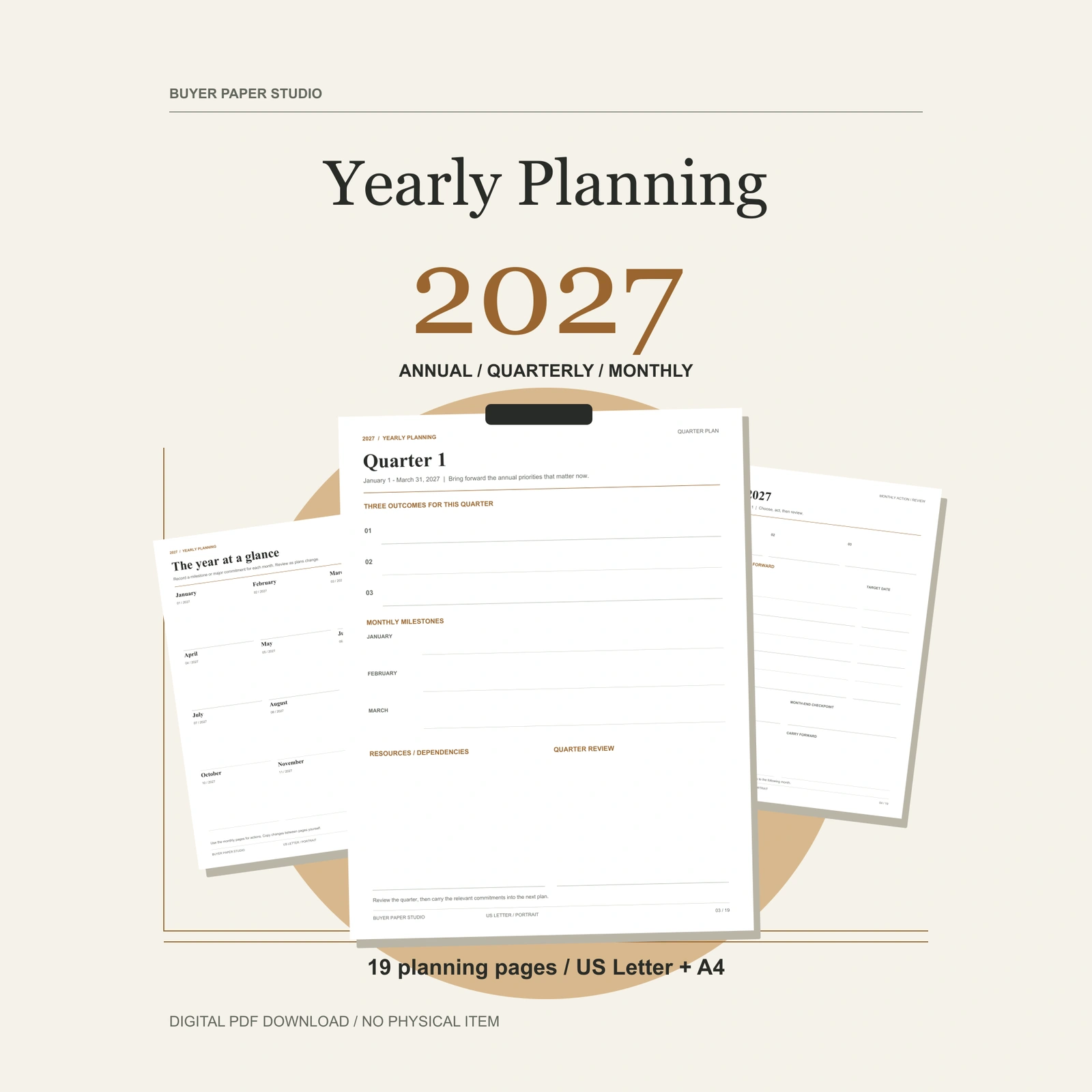 2027 Yearly Planning Set on an original warm editorial planning board. An actual quarter worksheet is central, layered over actual annual roadmap and monthly action pages. Nineteen planning pages in US Letter and A4 PDFs.