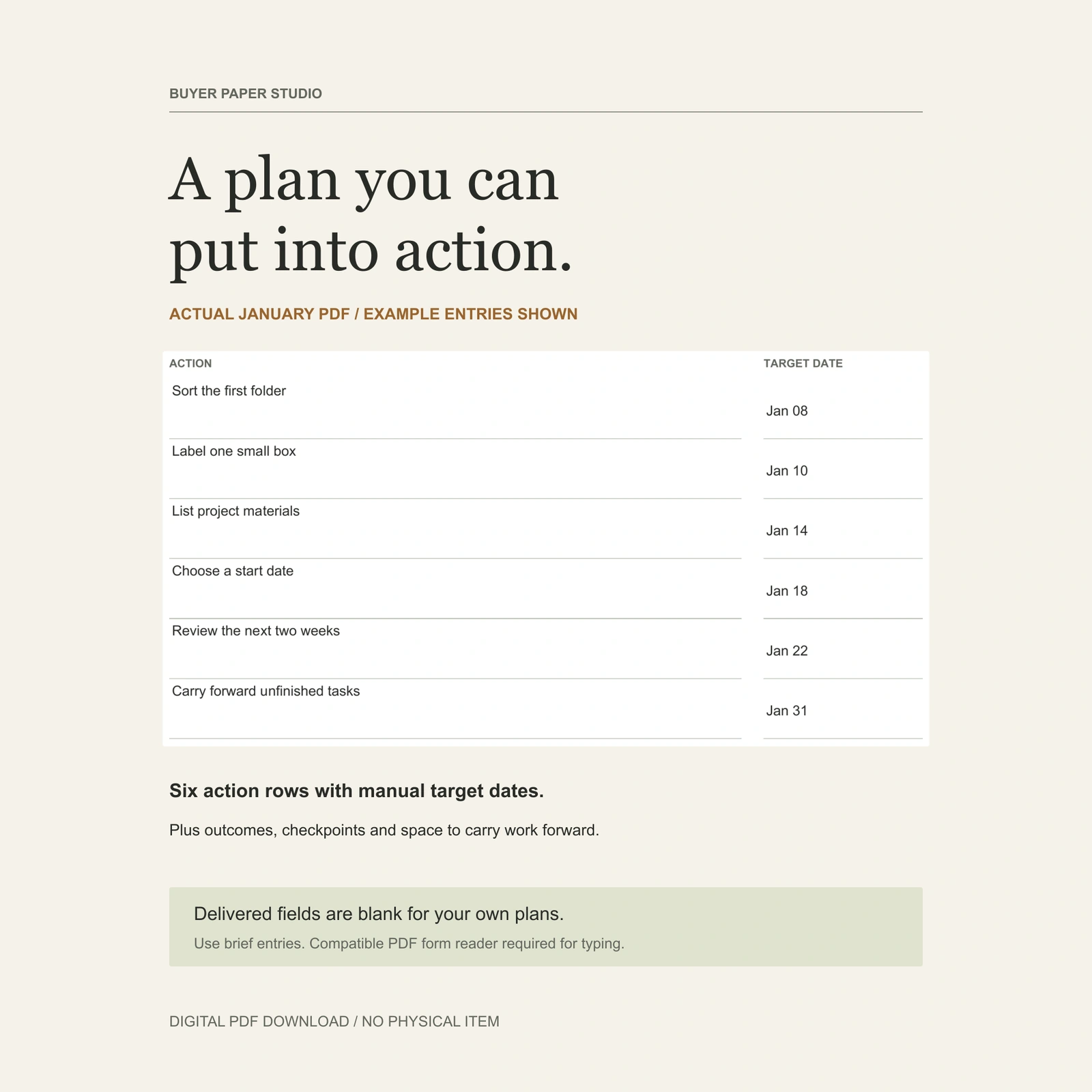 Enlarged actual January 2027 action worksheet with clearly labeled example entries and manual target dates. The six actions are an illustration; delivered PDF fields are blank.
