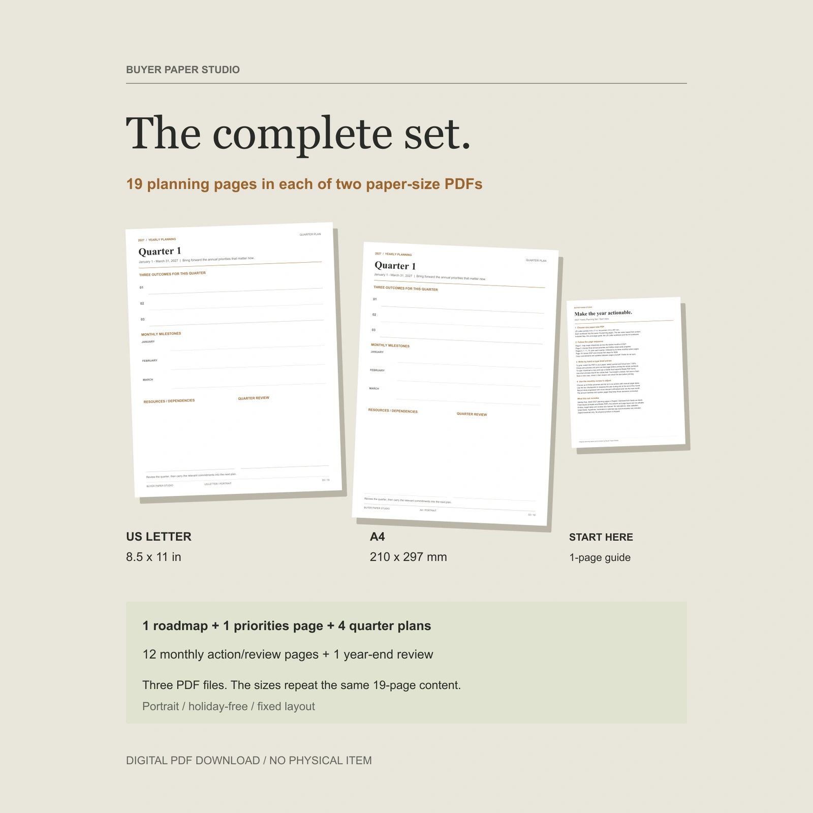 Included files: nineteen-page US Letter portrait workbook, the same nineteen-page content in A4 portrait, and a one-page Start Here PDF guide. Actual quarter pages and guide are shown.