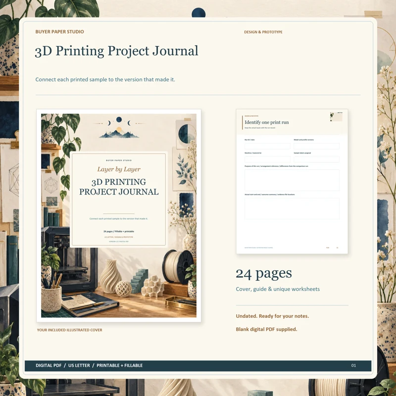 Actual illustrated cover and blank page 11, Identify one print run, from the 24-page 3D Printing Project Journal. Printable and fillable US Letter digital PDF.