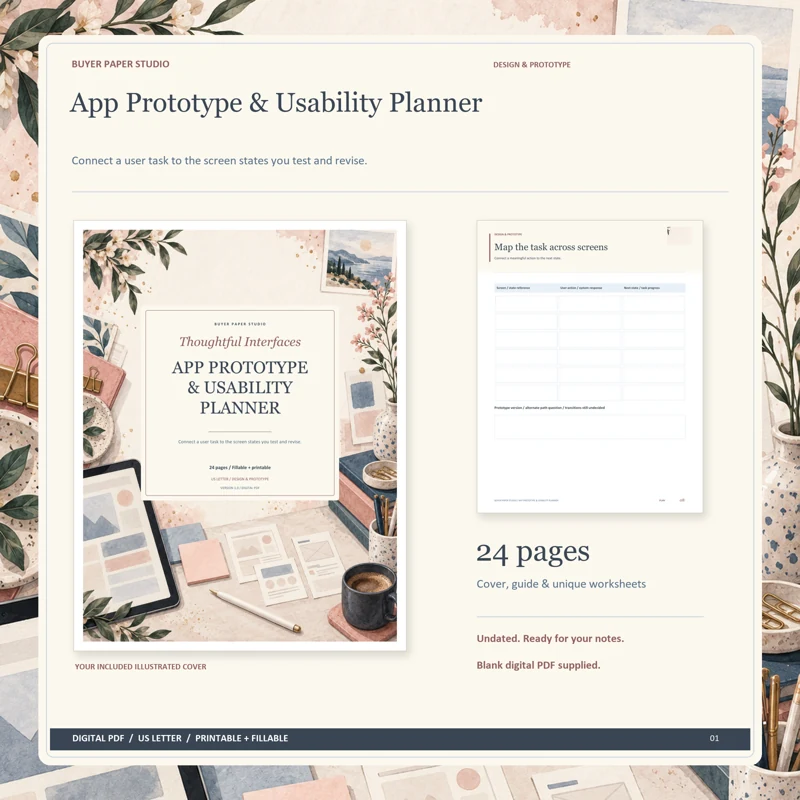 Actual illustrated cover and blank page 8, Map the task across screens, from the 24-page App Prototype & Usability Planner. Printable and fillable US Letter digital PDF.