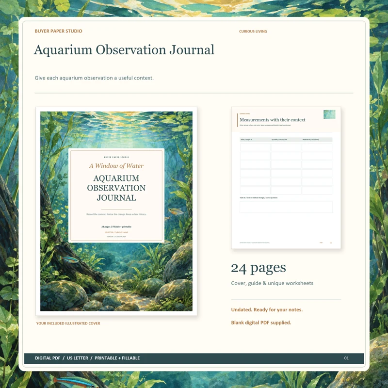 Actual illustrated cover and blank page 13, Measurements with their context, from the 24-page Aquarium Observation Journal. Printable and fillable US Letter digital PDF.