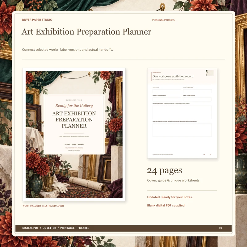 Actual illustrated cover and blank page 7, One work, one exhibition record, from the 24-page Art Exhibition Preparation Planner. Printable and fillable US Letter digital PDF.