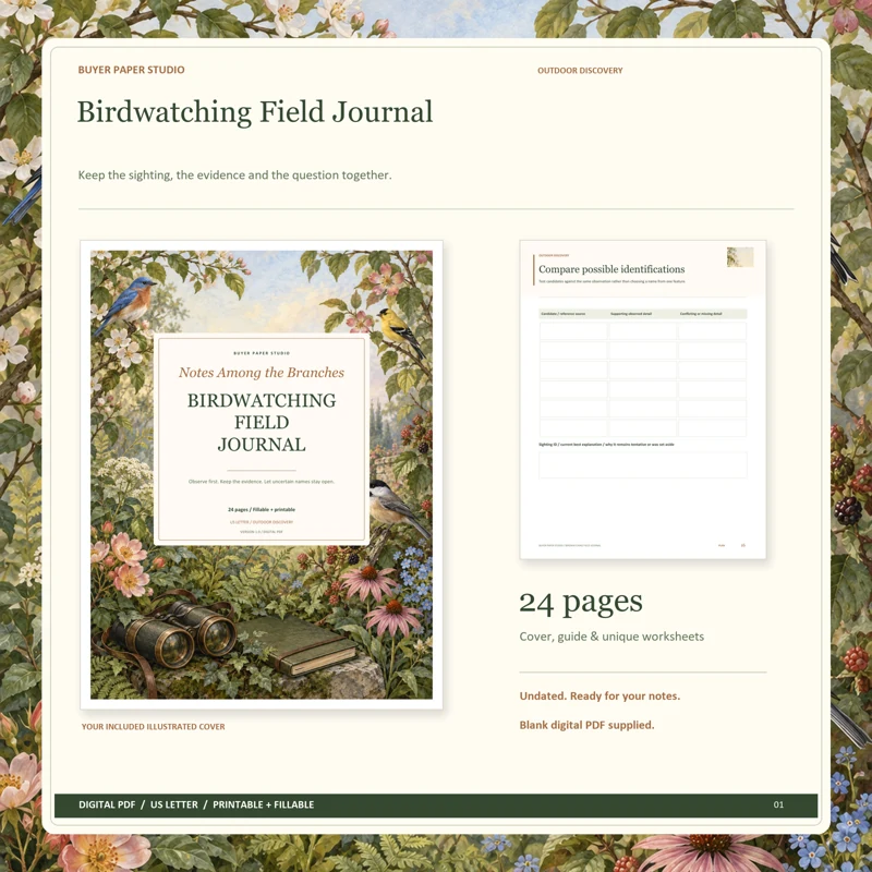 Actual illustrated cover and blank page 16, Compare possible identifications, from the 24-page Birdwatching Field Journal. Printable and fillable US Letter digital PDF.