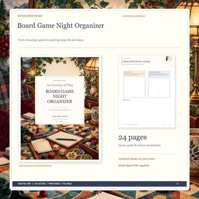 Actual illustrated cover and blank page 8, Games that fit the evening, from the 24-page Board Game Night Organizer. Printable and fillable US Letter digital PDF.