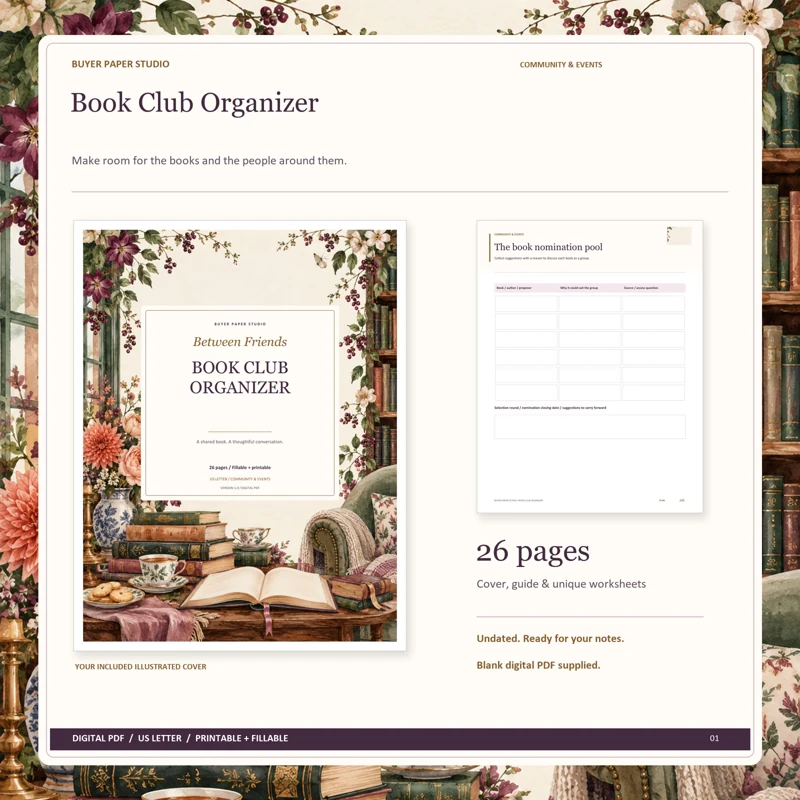 Actual illustrated cover and blank page 6, The book nomination pool, from the 26-page Book Club Organizer. Printable and fillable US Letter digital PDF.