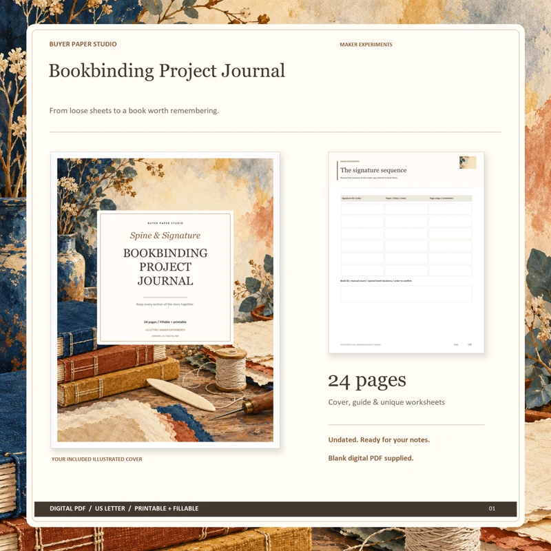Actual illustrated cover and blank page 8, The signature sequence, from the 24-page Bookbinding Project Journal. Printable and fillable US Letter digital PDF.