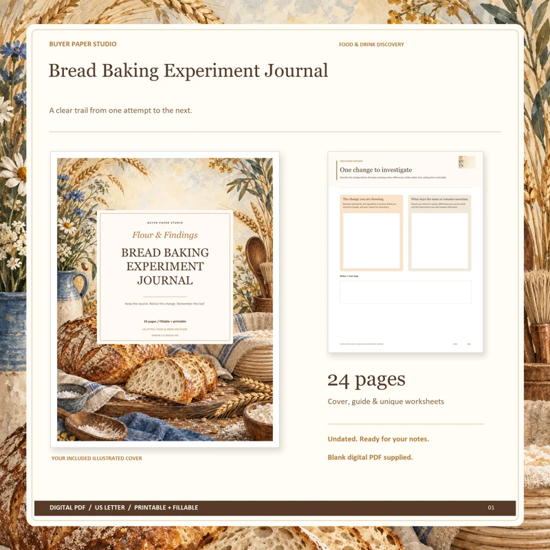 Actual illustrated cover and blank page 9, One change to investigate, from the 24-page Bread Baking Experiment Journal. Printable and fillable US Letter digital PDF.