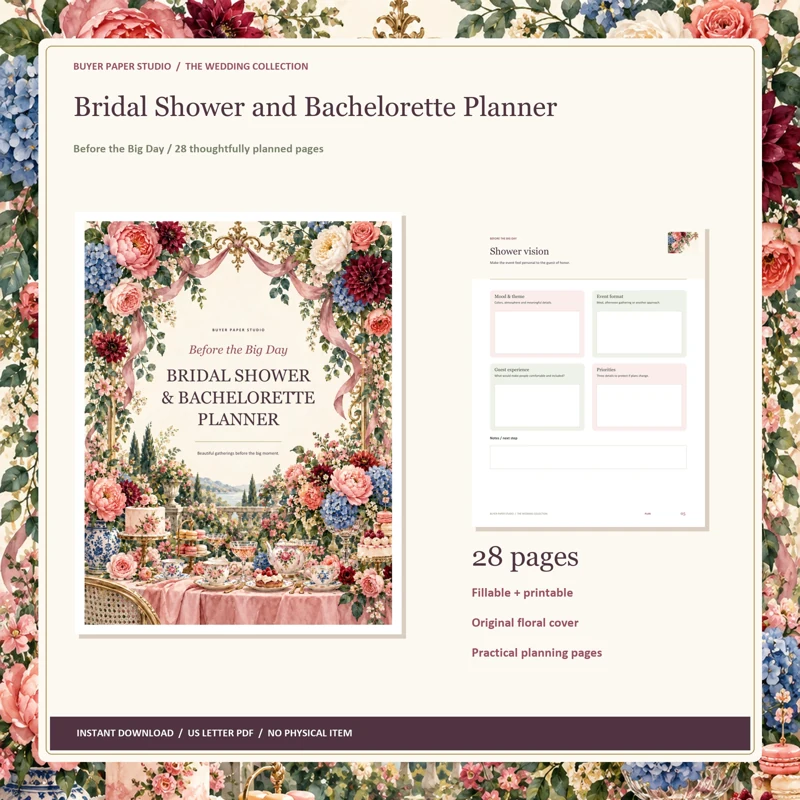Actual illustrated cover and worksheet from Bridal Shower and Bachelorette Planner. 28 pages; fillable and printable US Letter PDF.