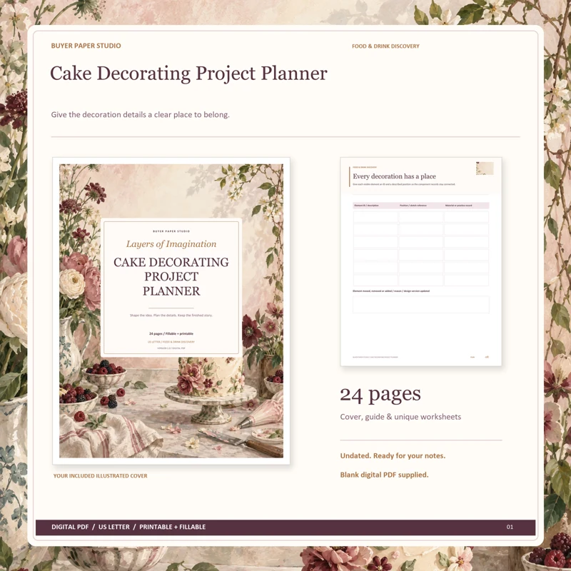 Actual illustrated cover and blank page 8, Every decoration has a place, from the 24-page Cake Decorating Project Planner. Printable and fillable US Letter digital PDF.