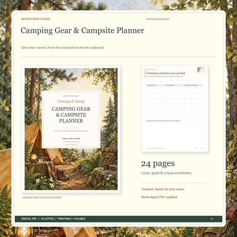 Actual illustrated cover and blank page 13, Container contents you can find, from the 24-page Camping Gear & Campsite Planner. Printable and fillable US Letter digital PDF.