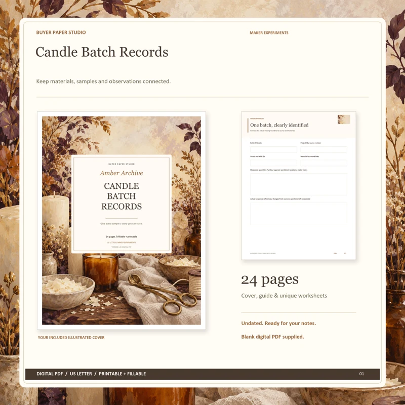 Actual illustrated cover and blank page 10, One batch, clearly identified, from the 24-page Candle Batch Records. Printable and fillable US Letter digital PDF.