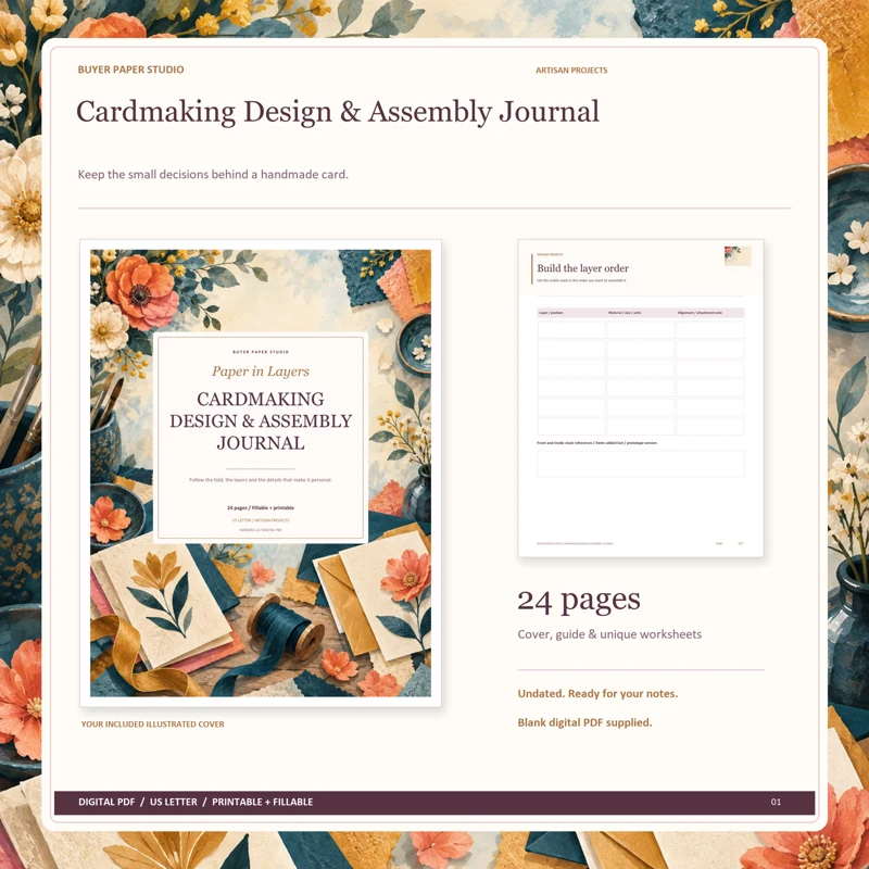 Actual illustrated cover and blank page 7, Build the layer order, from the 24-page Cardmaking Design & Assembly Journal. Printable and fillable US Letter digital PDF.