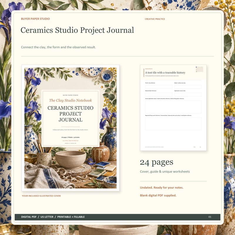 Actual illustrated cover and blank page 15, A test tile with a traceable history, from the 24-page Ceramics Studio Project Journal. Printable and fillable US Letter digital PDF.