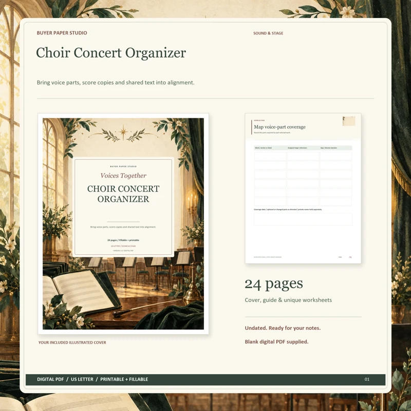 Actual illustrated cover and blank page 5, Map voice-part coverage, from the 24-page Choir Concert Organizer. Printable and fillable US Letter digital PDF.