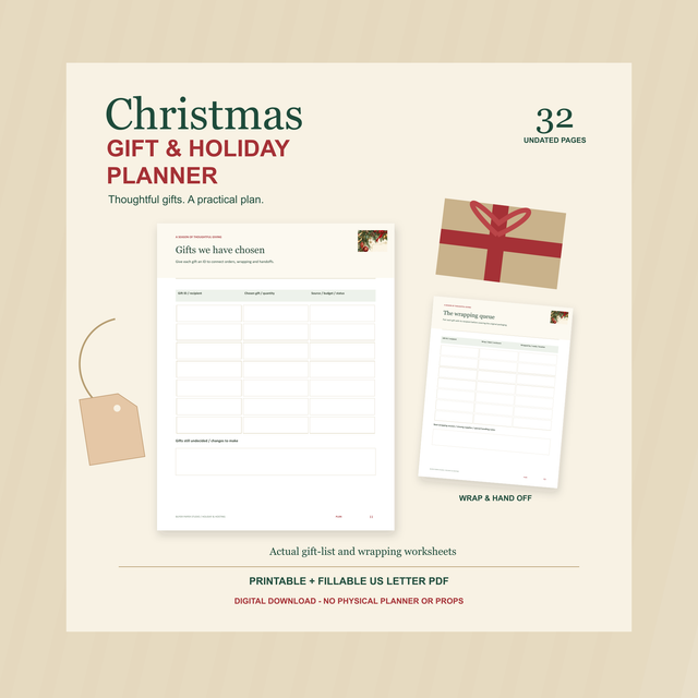 Christmas Gift and Holiday Planner with actual Gifts we have chosen and The wrapping queue worksheets beside decorative ribbon and parcel shapes. 32-page printable and fillable US Letter PDF. Digital download; no physical planner or props.