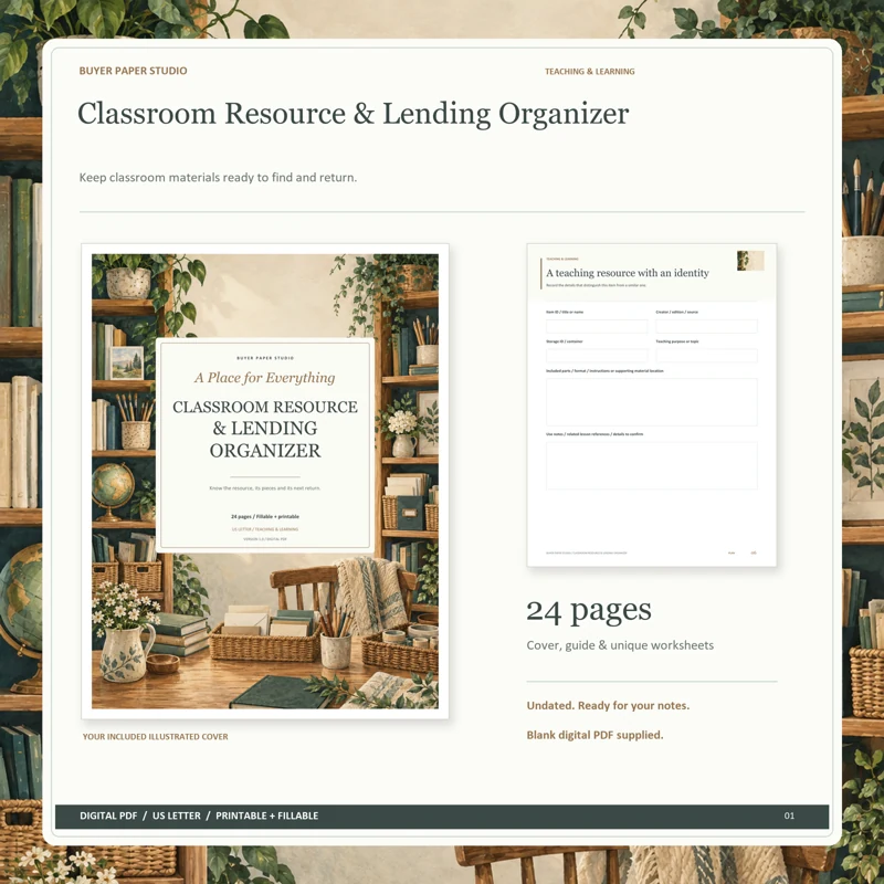 Actual illustrated cover and blank page 6, A teaching resource with an identity, from the 24-page Classroom Resource & Lending Organizer. Printable and fillable US Letter digital PDF.