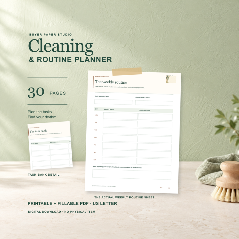 Sage cleaning scene with the actual weekly routine sheet and task-bank detail. 30-page printable and fillable US Letter PDF. Digital download; no physical item.