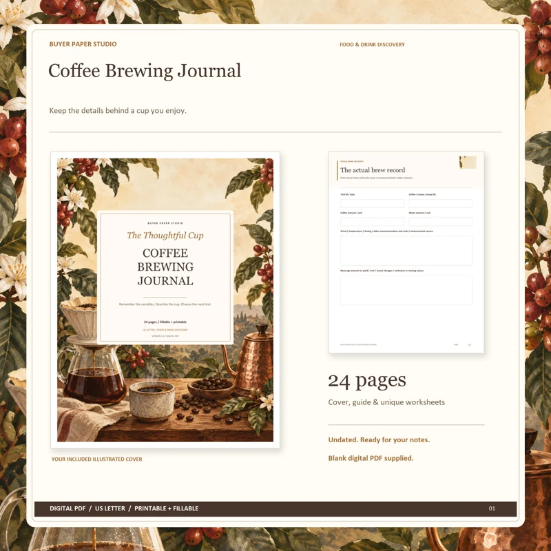 Actual illustrated cover and blank page 13, The actual brew record, from the 24-page Coffee Brewing Journal. Printable and fillable US Letter digital PDF.