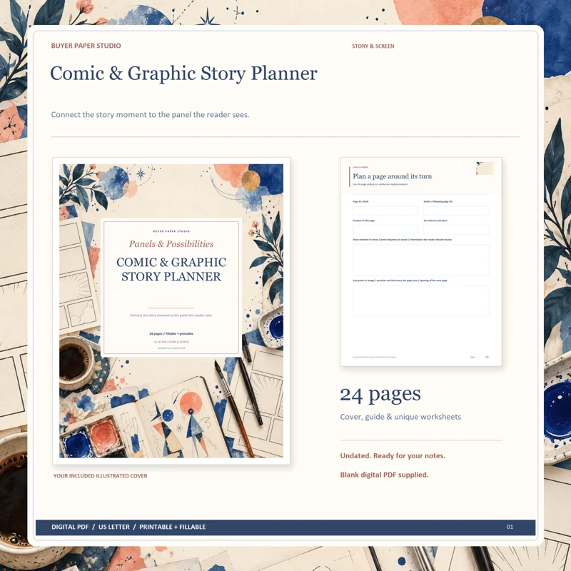 Actual illustrated cover and blank page 8, Plan a page around its turn, from the 24-page Comic & Graphic Story Planner. Printable and fillable US Letter digital PDF.