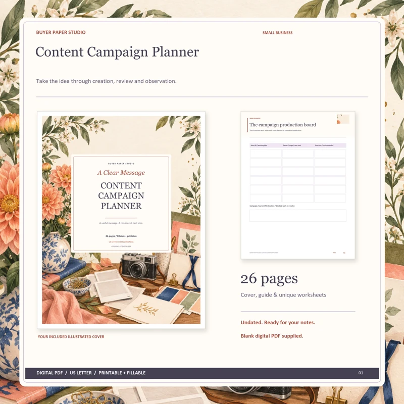 Actual illustrated cover and blank page 14, The campaign production board, from the 26-page Content Campaign Planner. Printable and fillable US Letter digital PDF.