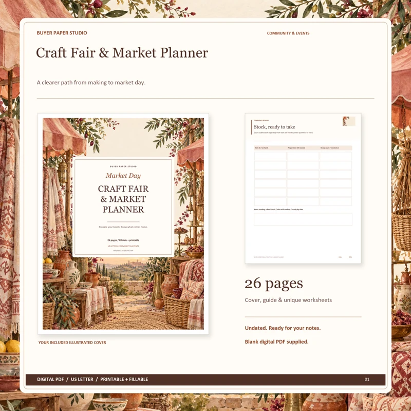 Actual illustrated cover and blank page 9, Stock, ready to take, from the 26-page Craft Fair & Market Planner. Printable and fillable US Letter digital PDF.