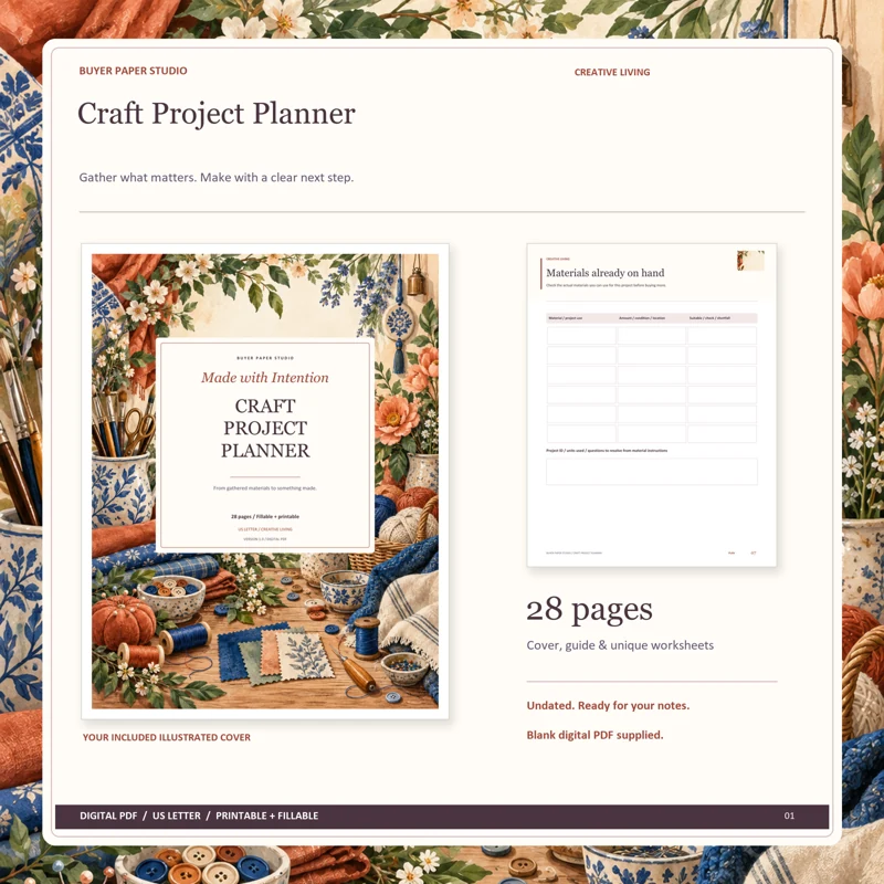 Actual illustrated cover and blank page 7, Materials already on hand, from the 28-page Craft Project Planner. Printable and fillable US Letter digital PDF.