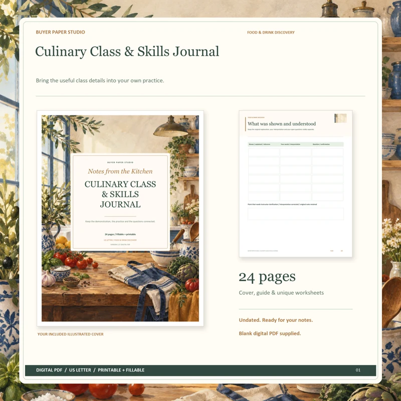 Actual illustrated cover and blank page 10, What was shown and understood, from the 24-page Culinary Class & Skills Journal. Printable and fillable US Letter digital PDF.