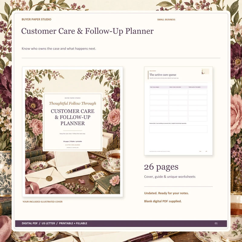Actual illustrated cover and blank page 6, The active care queue, from the 26-page Customer Care & Follow-Up Planner. Printable and fillable US Letter digital PDF.