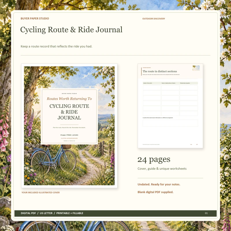 Actual illustrated cover and blank page 6, The route in distinct sections, from the 24-page Cycling Route & Ride Journal. Printable and fillable US Letter digital PDF.