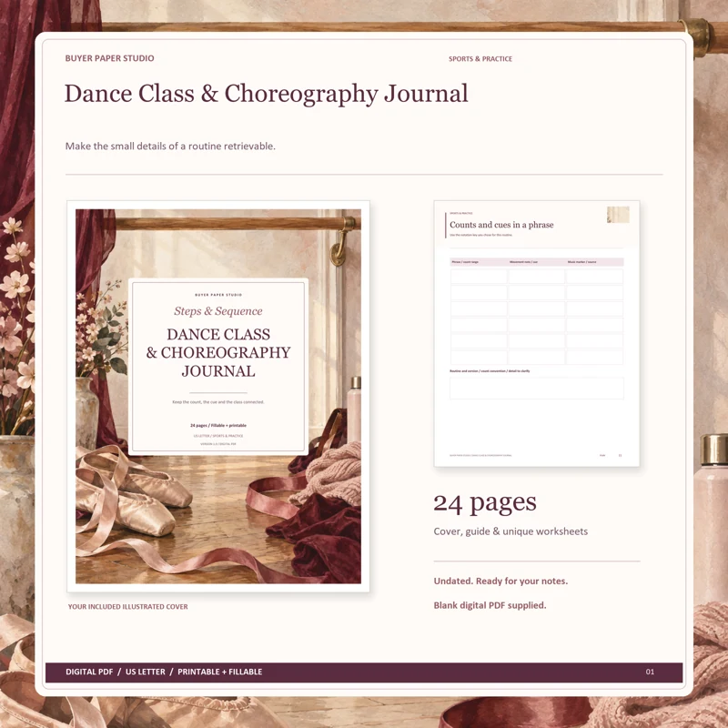Actual illustrated cover and blank page 11, Counts and cues in a phrase, from the 24-page Dance Class & Choreography Journal. Printable and fillable US Letter digital PDF.