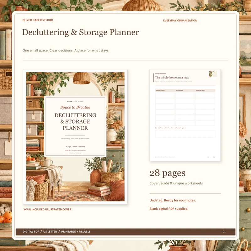 Actual illustrated cover and blank page 5, The whole-home area map, from the 28-page Decluttering & Storage Planner. Printable and fillable US Letter digital PDF.