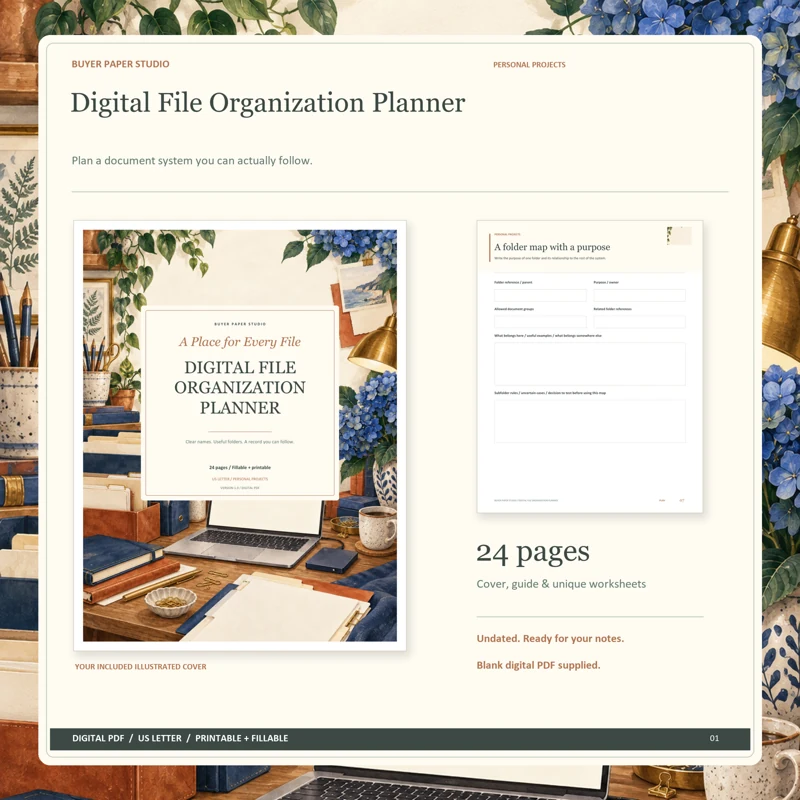 Actual illustrated cover and blank page 7, A folder map with a purpose, from the 24-page Digital File Organization Planner. Printable and fillable US Letter digital PDF.