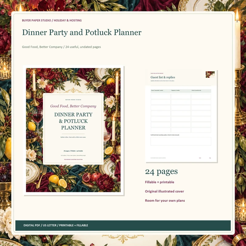 Actual cover and worksheet from Dinner Party and Potluck Planner. 24-page US Letter PDF.