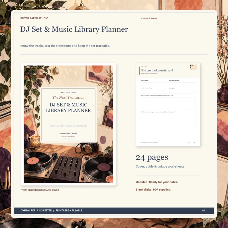Actual illustrated cover and blank page 6, Give one track a useful card, from the 24-page DJ Set & Music Library Planner. Printable and fillable US Letter digital PDF.
