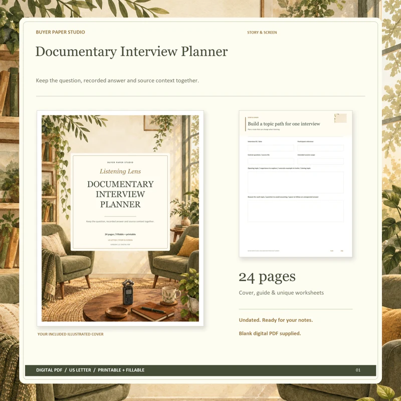 Actual illustrated cover and blank page 9, Build a topic path for one interview, from the 24-page Documentary Interview Planner. Printable and fillable US Letter digital PDF.