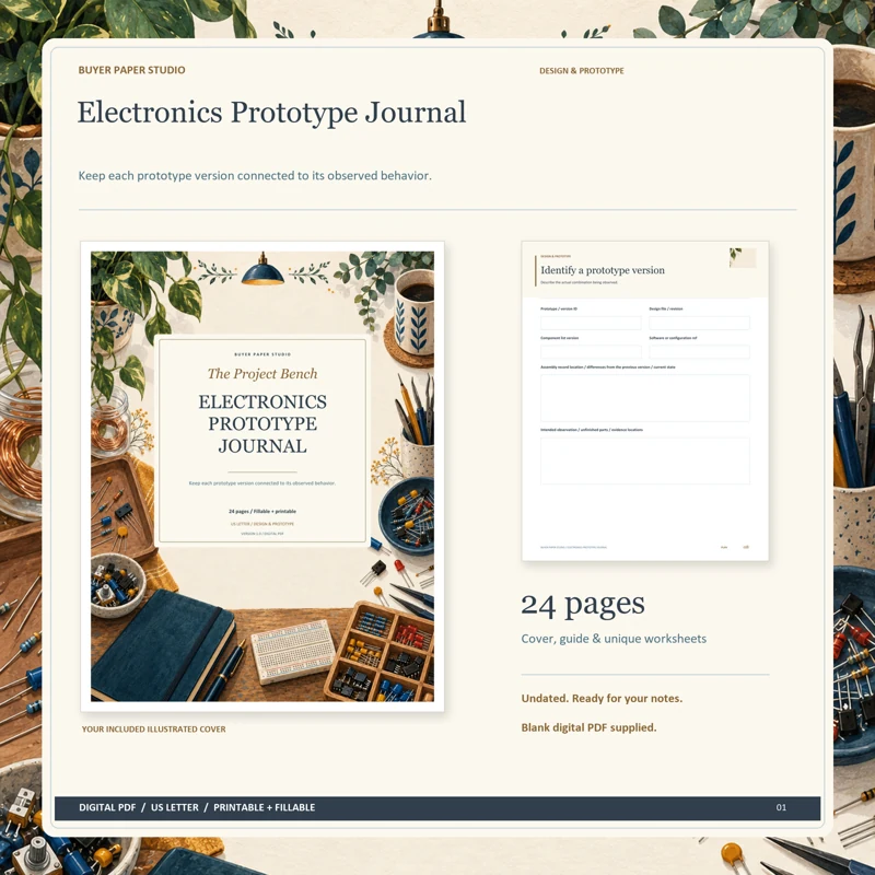 Actual illustrated cover and blank page 8, Identify a prototype version, from the 24-page Electronics Prototype Journal. Printable and fillable US Letter digital PDF.