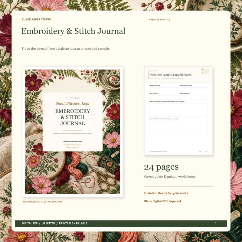 Actual illustrated cover and blank page 12, One stitch sample, a useful record, from the 24-page Embroidery & Stitch Journal. Printable and fillable US Letter digital PDF.