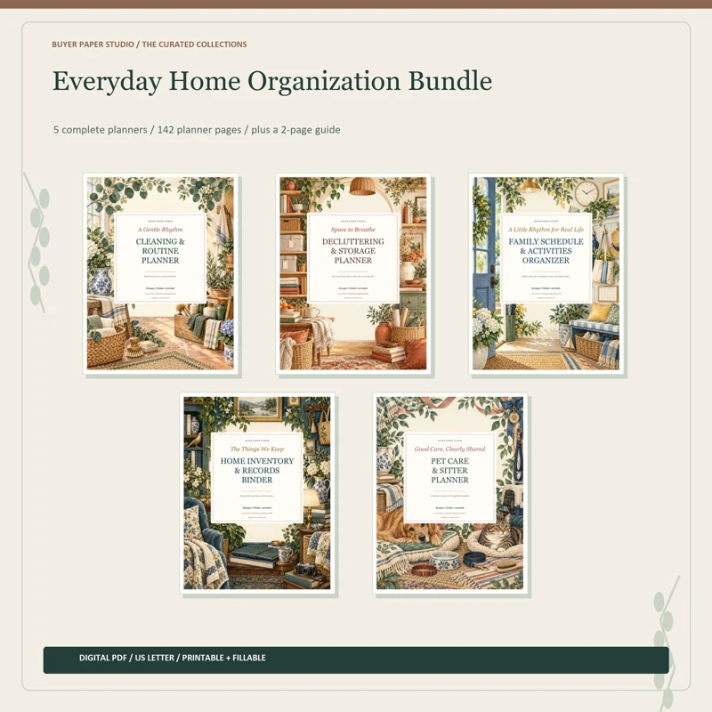 Actual covers of all 5 included planners in Everyday Home Organization Bundle. 142 planner pages plus a separate two-page guide. Digital PDF collection.