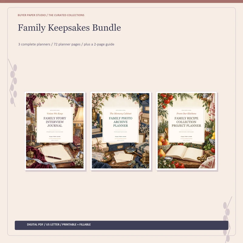 Actual covers of all 3 included planners in Family Keepsakes Bundle. 72 planner pages plus a separate two-page guide. Digital PDF collection.