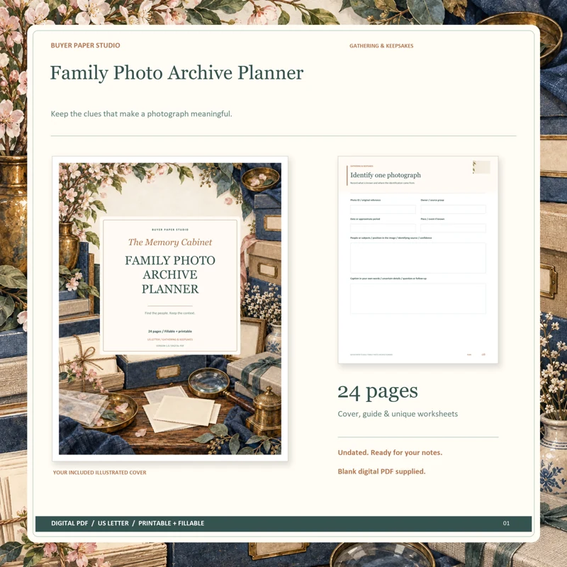 Actual illustrated cover and blank page 8, Identify one photograph, from the 24-page Family Photo Archive Planner. Printable and fillable US Letter digital PDF.