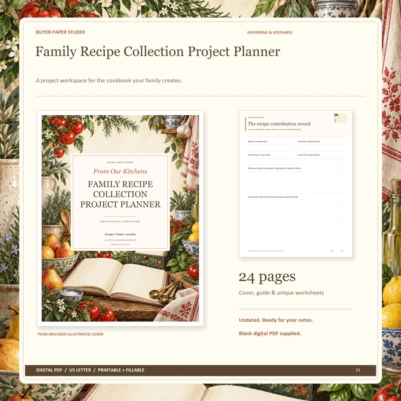 Actual illustrated cover and blank page 7, The recipe contribution record, from the 24-page Family Recipe Collection Project Planner. Printable and fillable US Letter digital PDF.